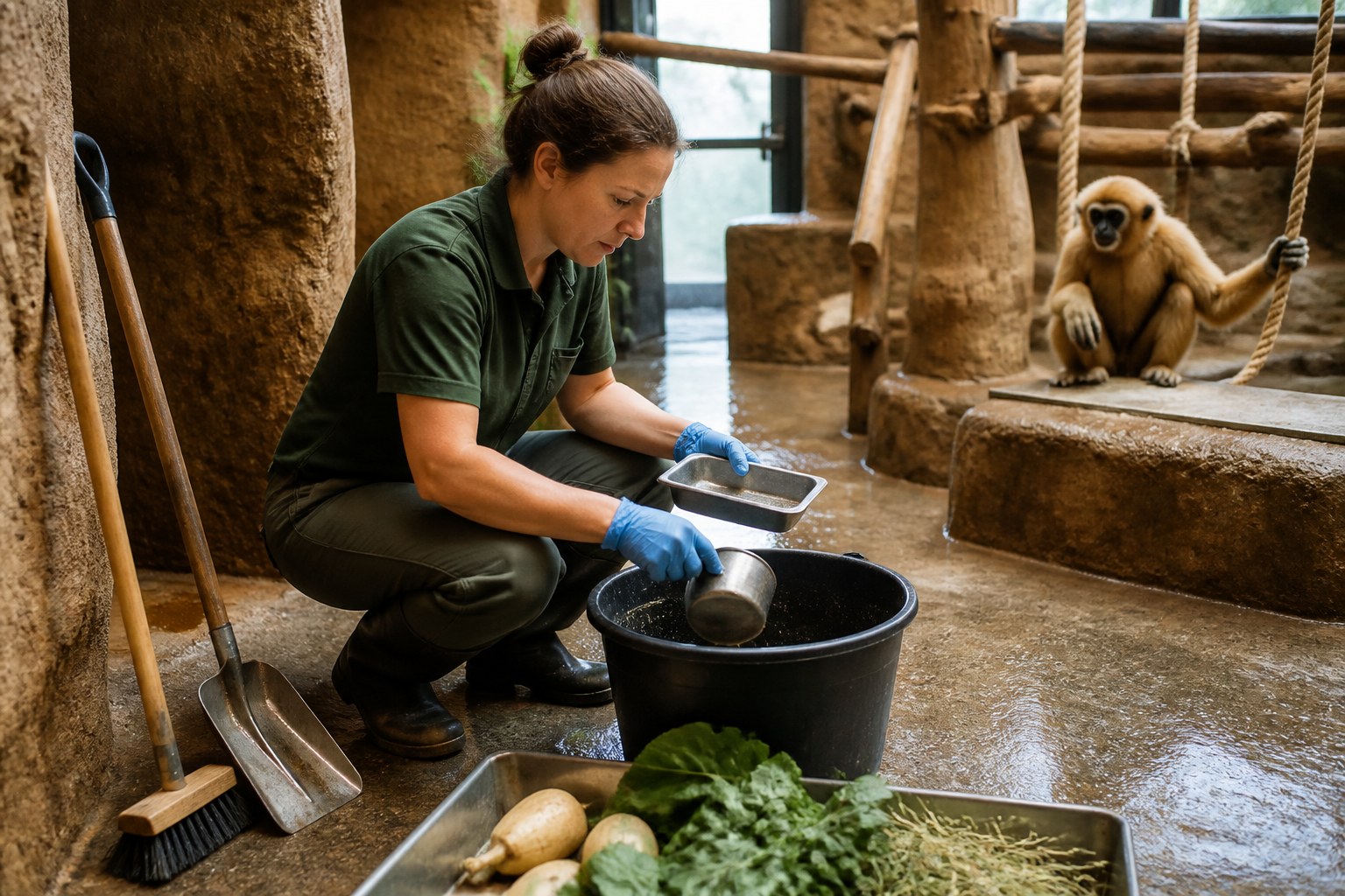 Animal caretaker preparing an enclosure and checking animal-care materials