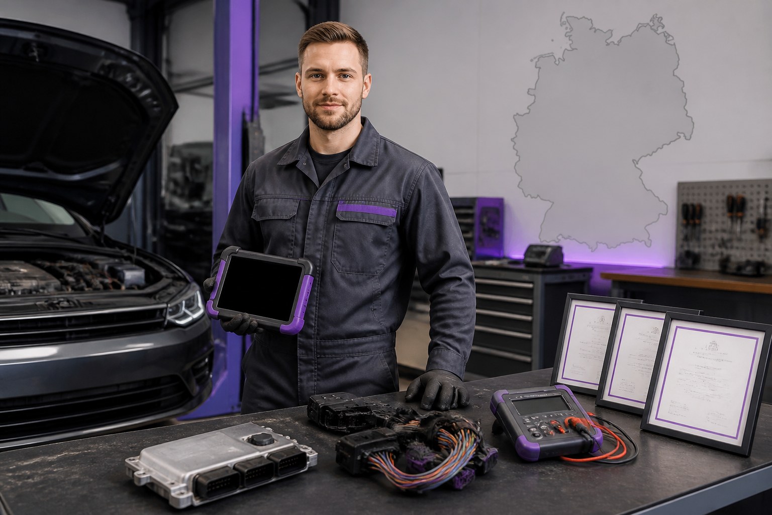Automotive mechatronics technician beside a vehicle with diagnostic tools and qualification certificates