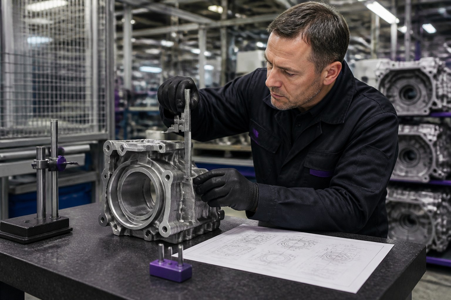 Quality inspector examining a vehicle component with measuring equipment at an automotive inspection station