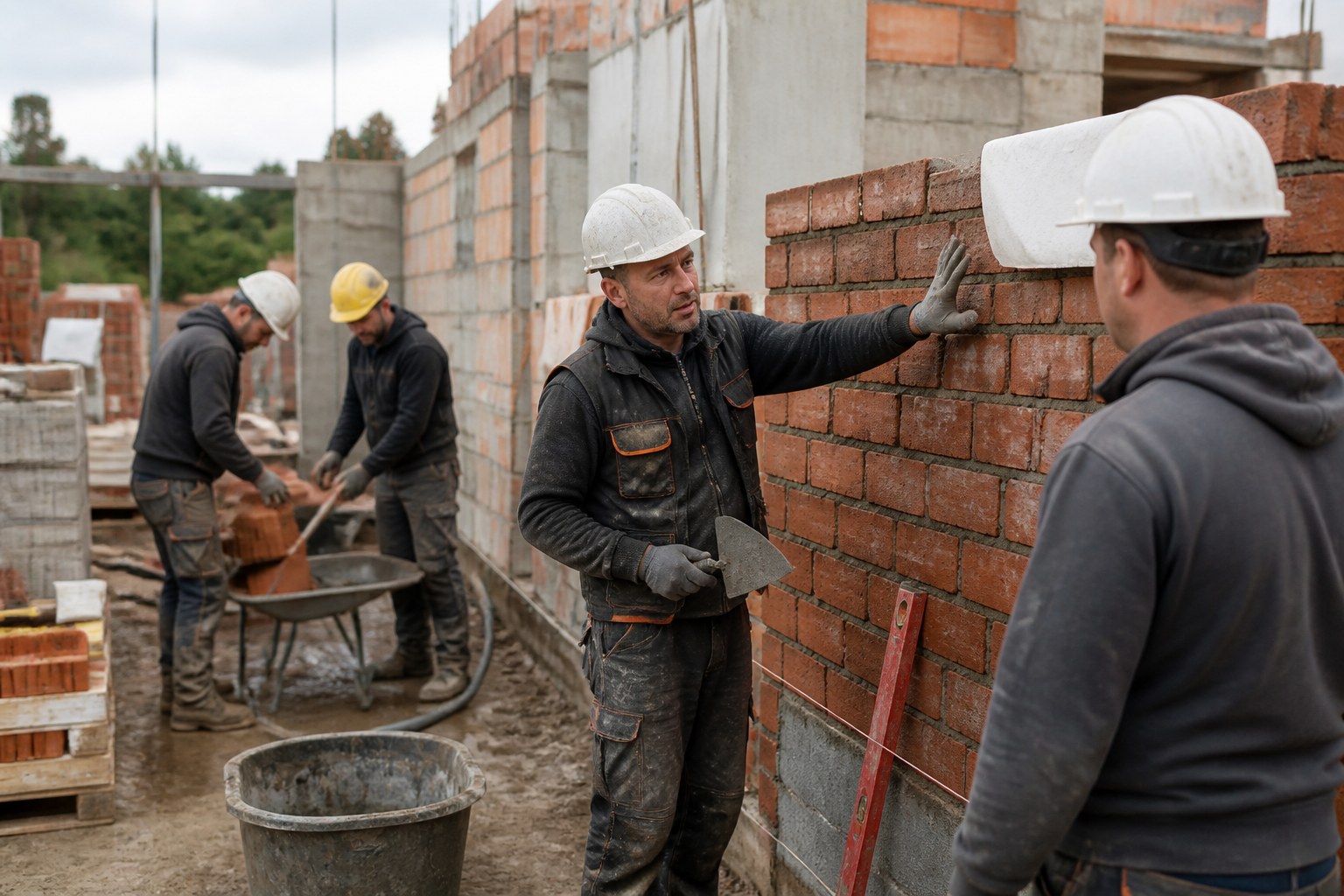 Bricklayer coordinating safely with a small construction team around a masonry structure