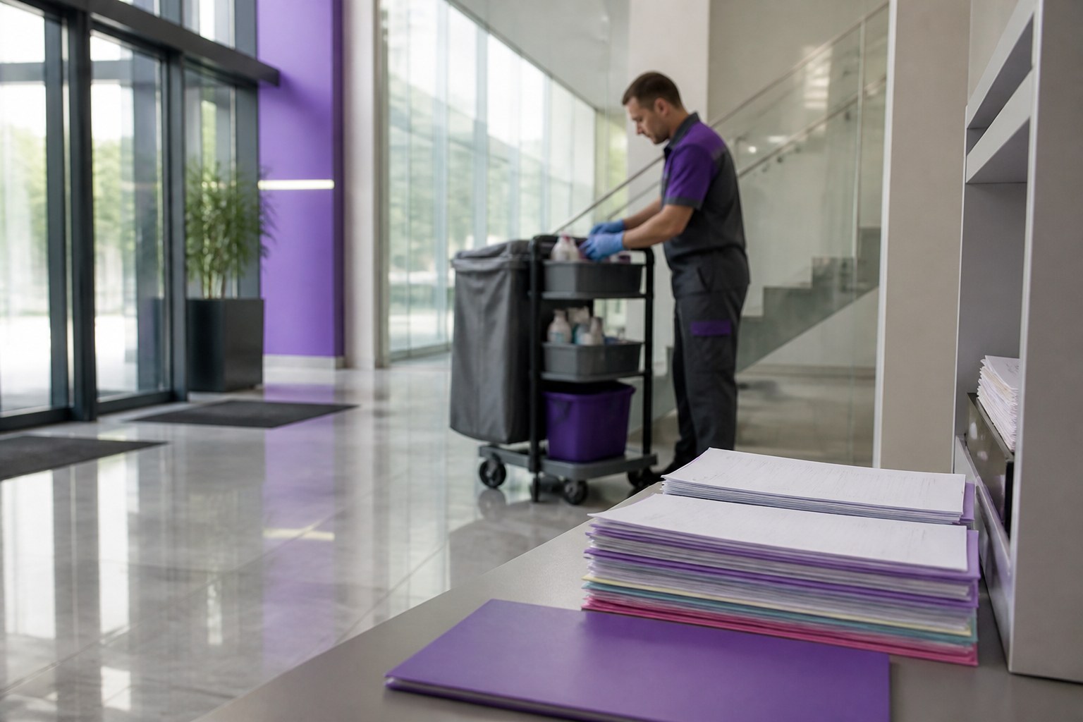 Clean building interior with organized application documents and a building cleaner in the background