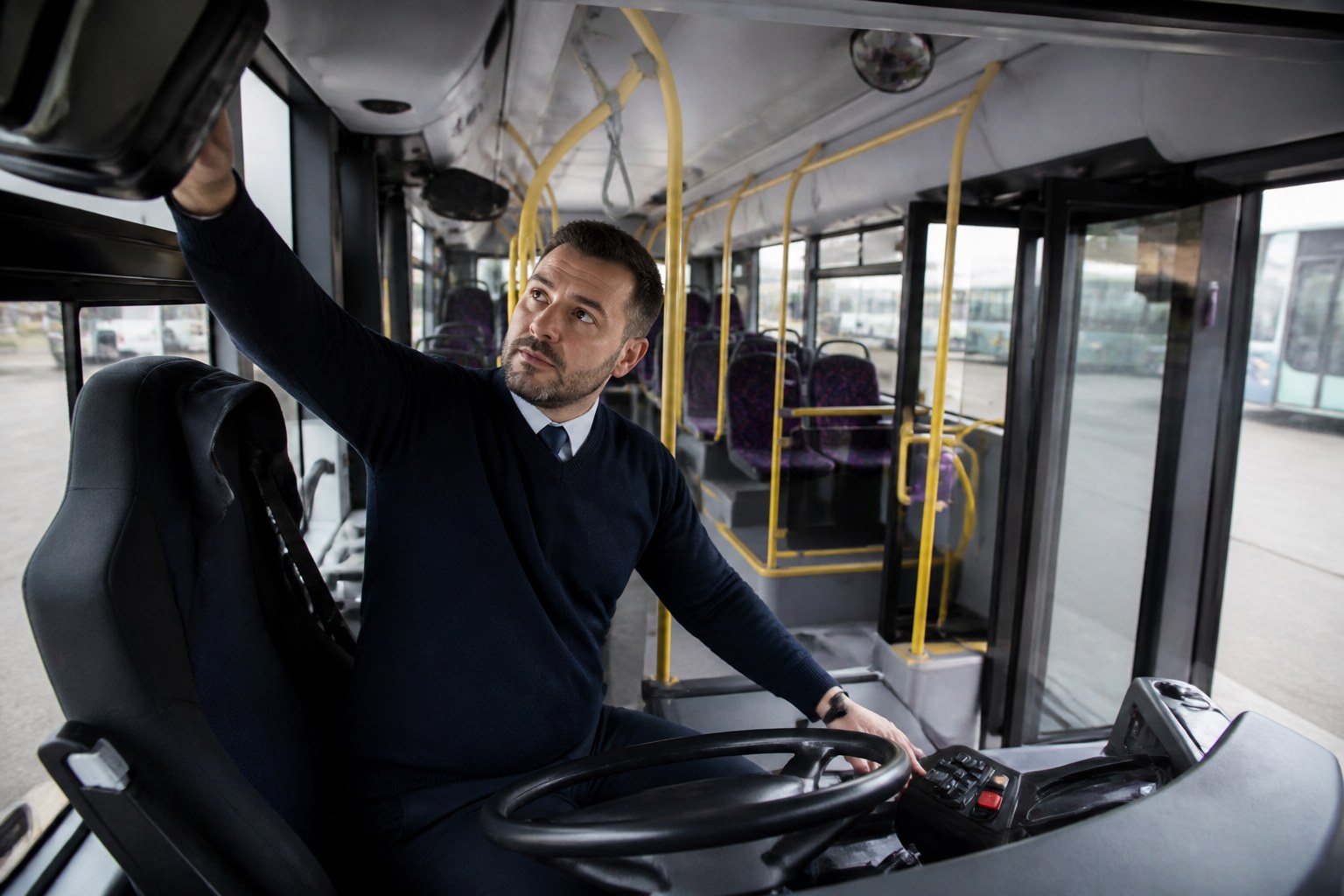 Bus driver conducting a pre-departure safety and vehicle check