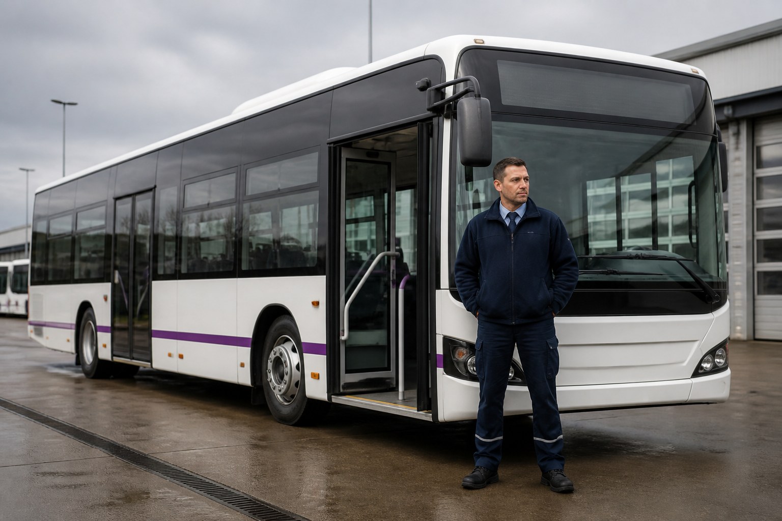 Professional bus driver standing beside a passenger bus at a depot
