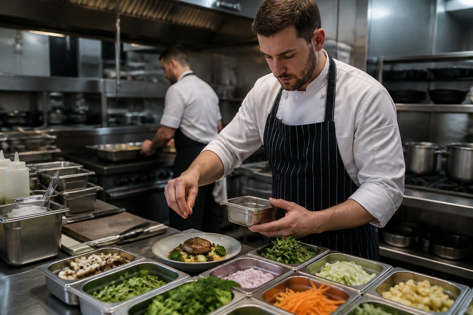 Cook organising a mise en place station with ingredients and cookware