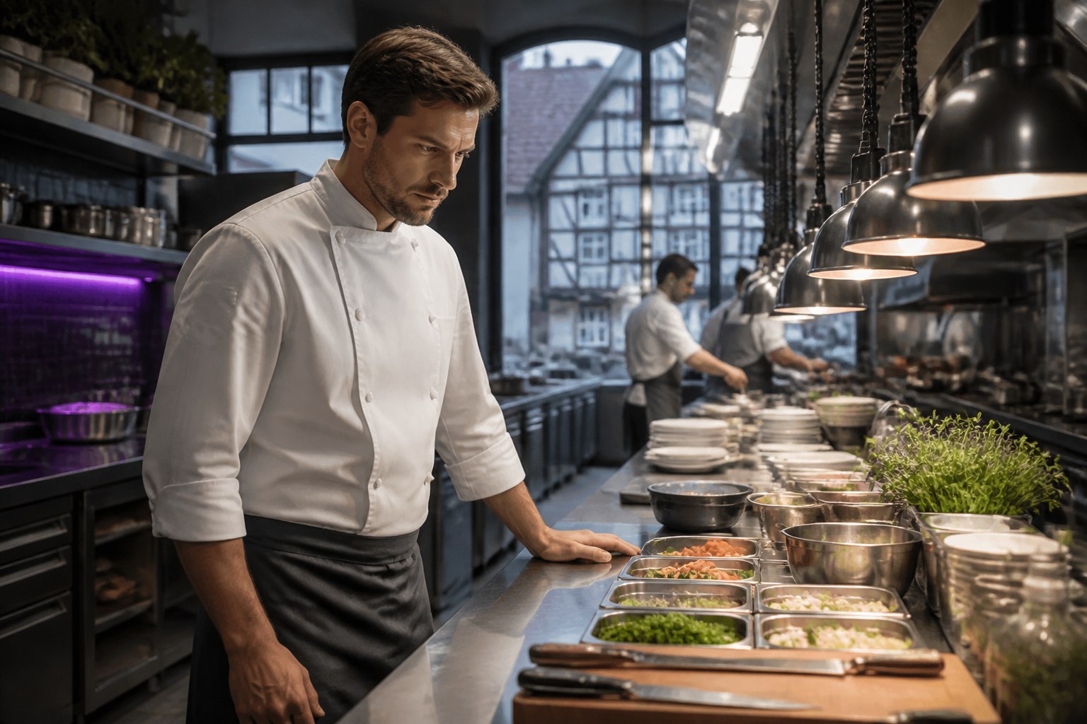 Qualified chef reviewing an organised professional kitchen station before service