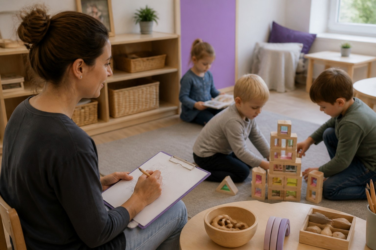 Childcare professional recording an observation while children play nearby