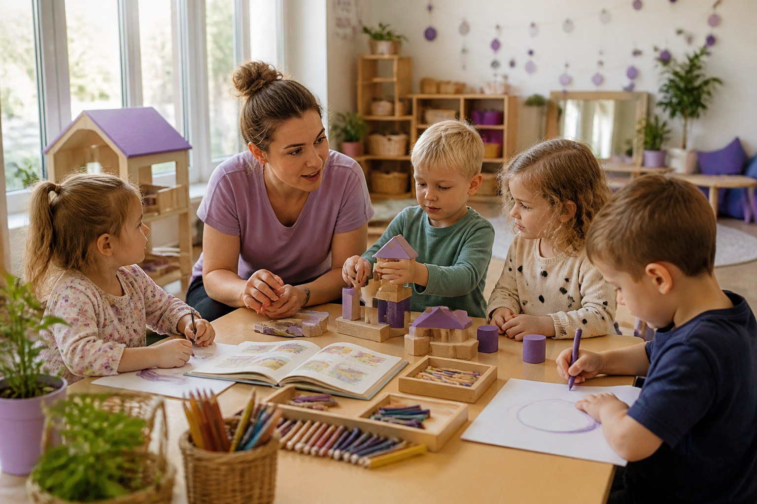 Childcare professional guiding children through an educational activity in a playroom