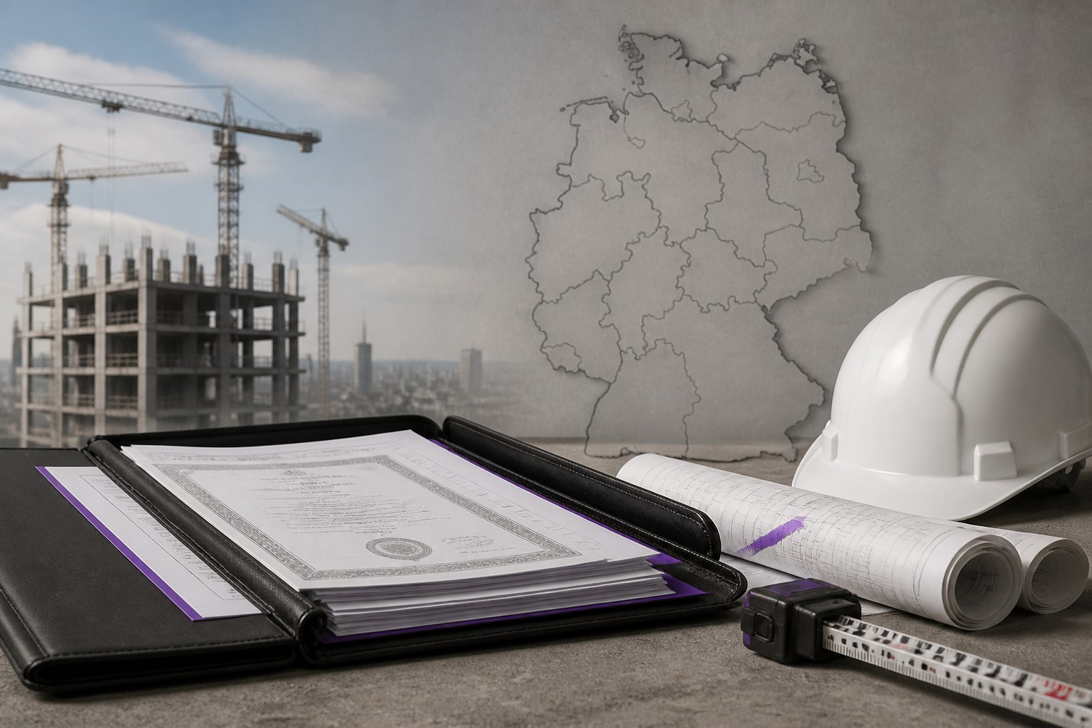 Civil engineering candidate documents beside technical plans and a Germany outline