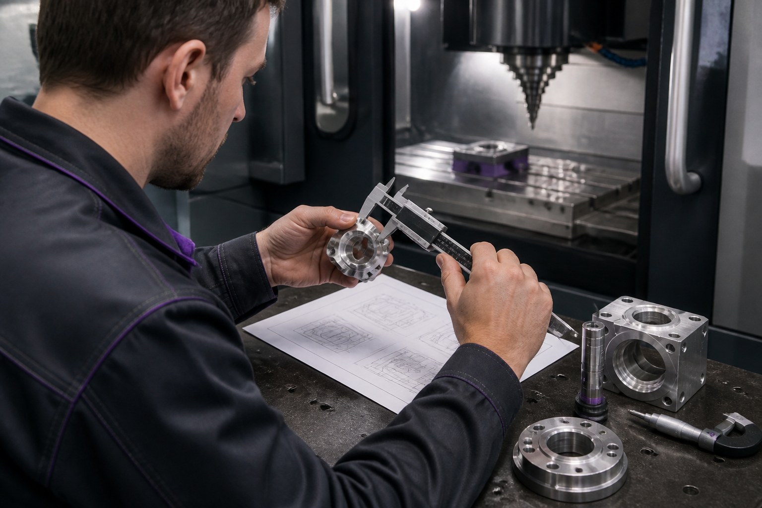 CNC operator comparing a machined component with a technical drawing and measuring tools