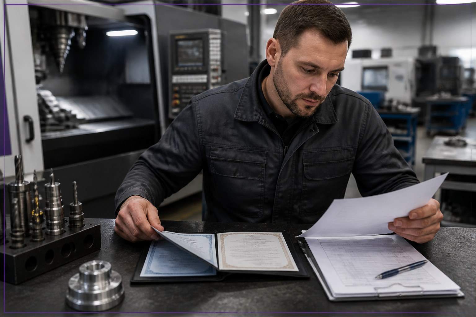Qualified CNC professional reviewing certificates and a technical CV in an industrial setting