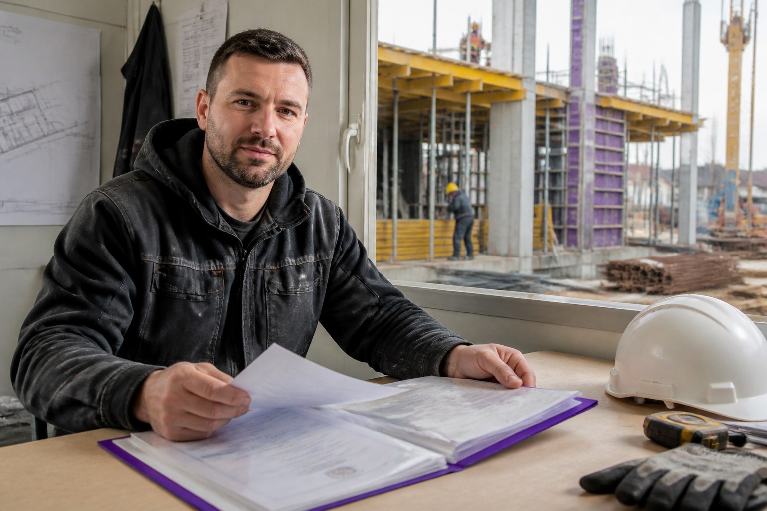 Concrete worker candidate with a CV and vocational certificates near a construction worksite