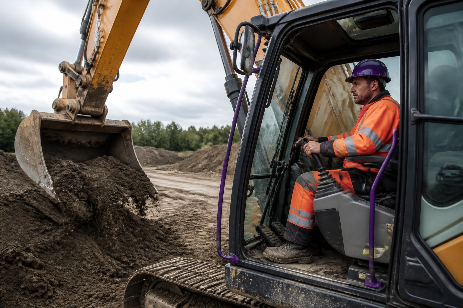 Construction equipment operator working inside an earthmoving machine on an active construction site