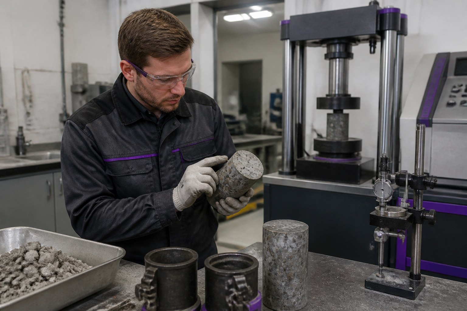 Construction materials tester examining a concrete sample in a laboratory
