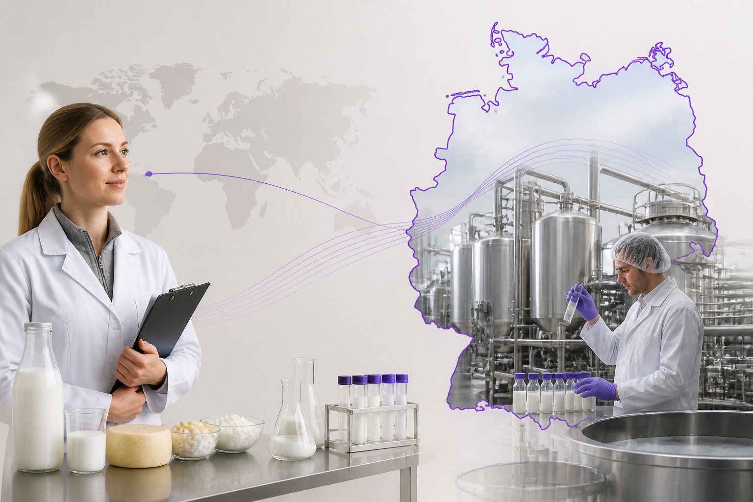 Editorial illustration connecting a dairy technologist profile with employment preparation in Germany