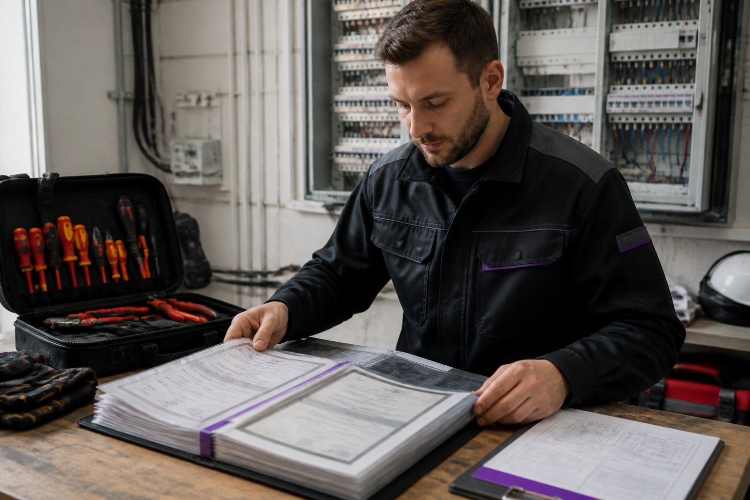 Electrician reviewing organised qualifications and a technical work record