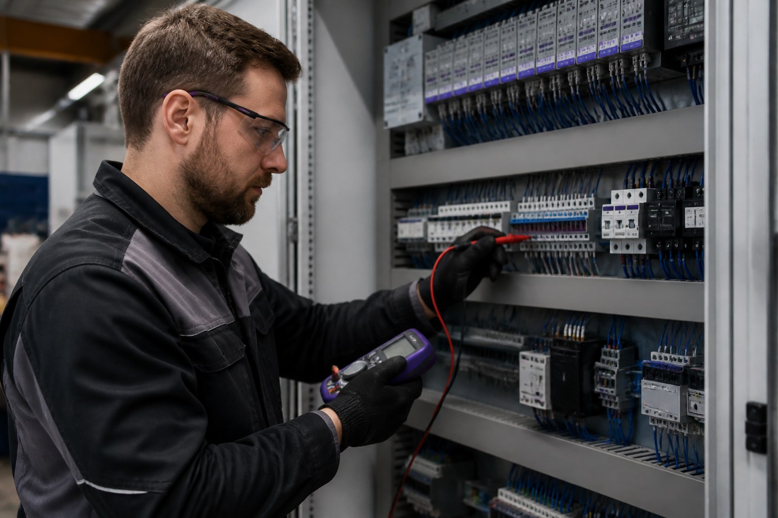 Electronics technician inspecting wiring and control components in an industrial automation workshop