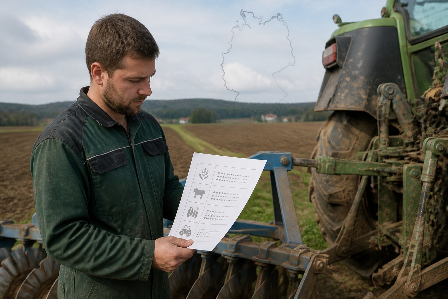 Agricultural candidate reviewing farming experience beside equipment