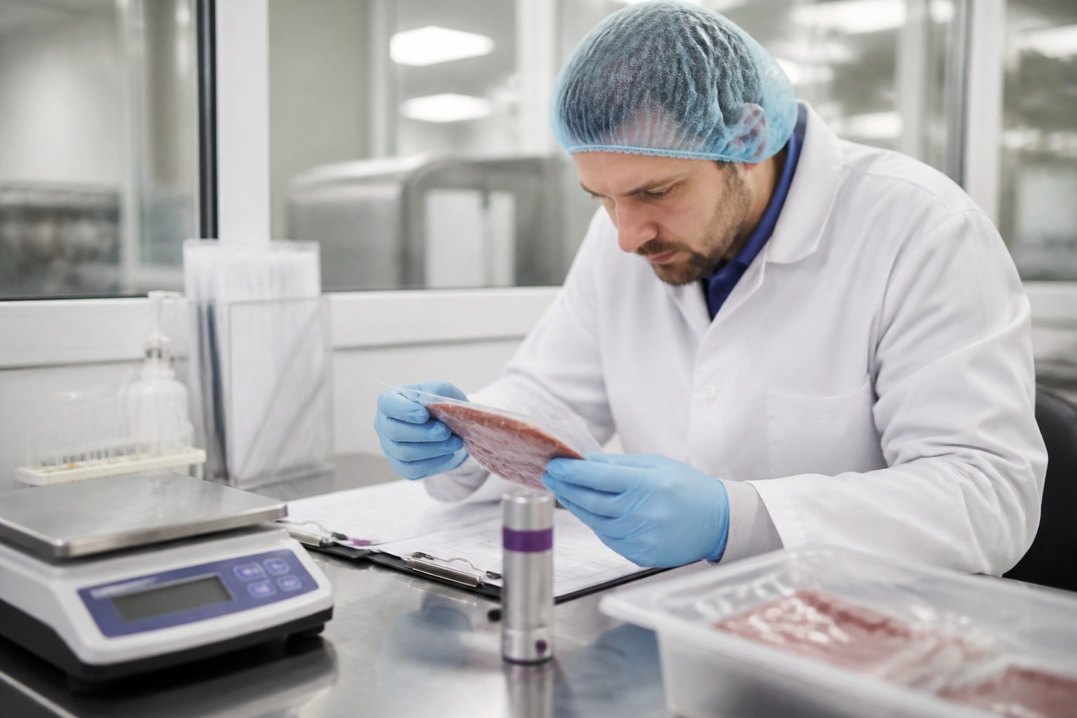 Food quality inspector checking a sealed food sample at an inspection workstation