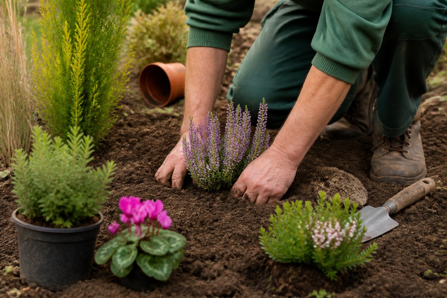 Gardener planting and maintaining vegetation in prepared soil with pruning tools