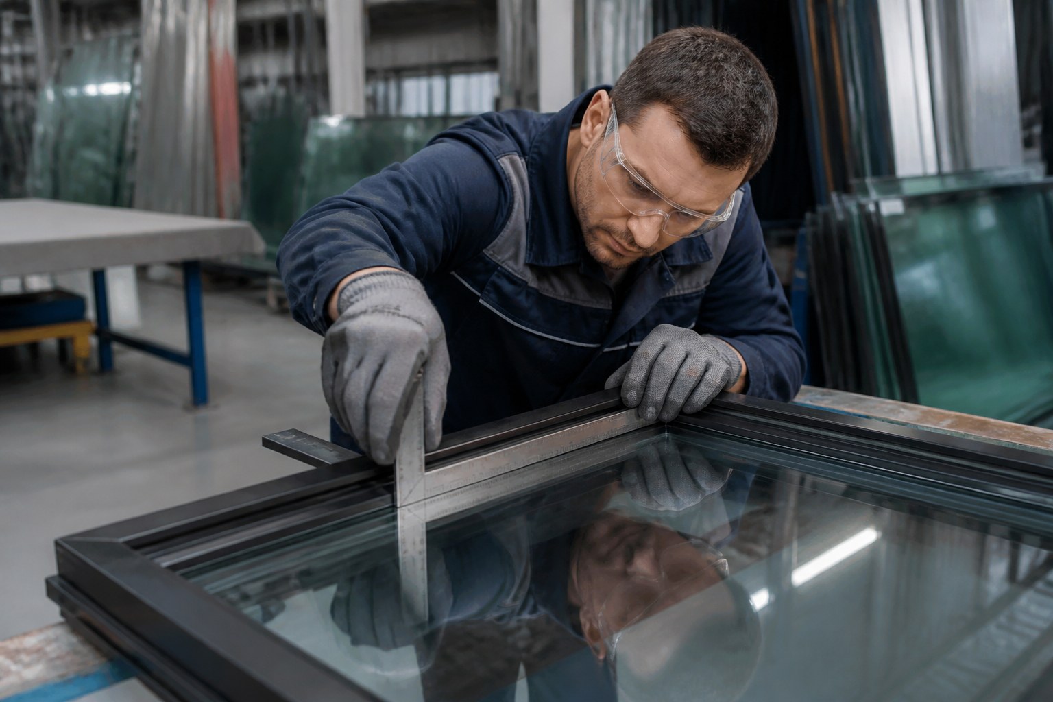 Glazier checking the alignment of a framed glass element with measuring tools