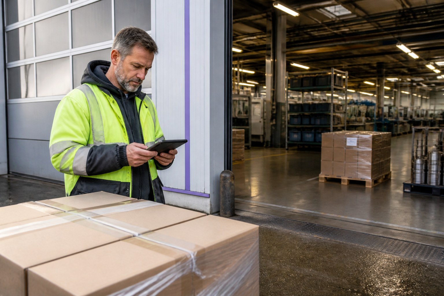 Goods receiving inspector working between an incoming delivery area and an industrial facility