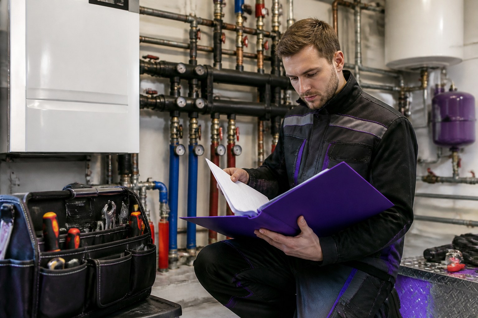 Heating installer reviewing qualification documents beside professional tools and completed equipment