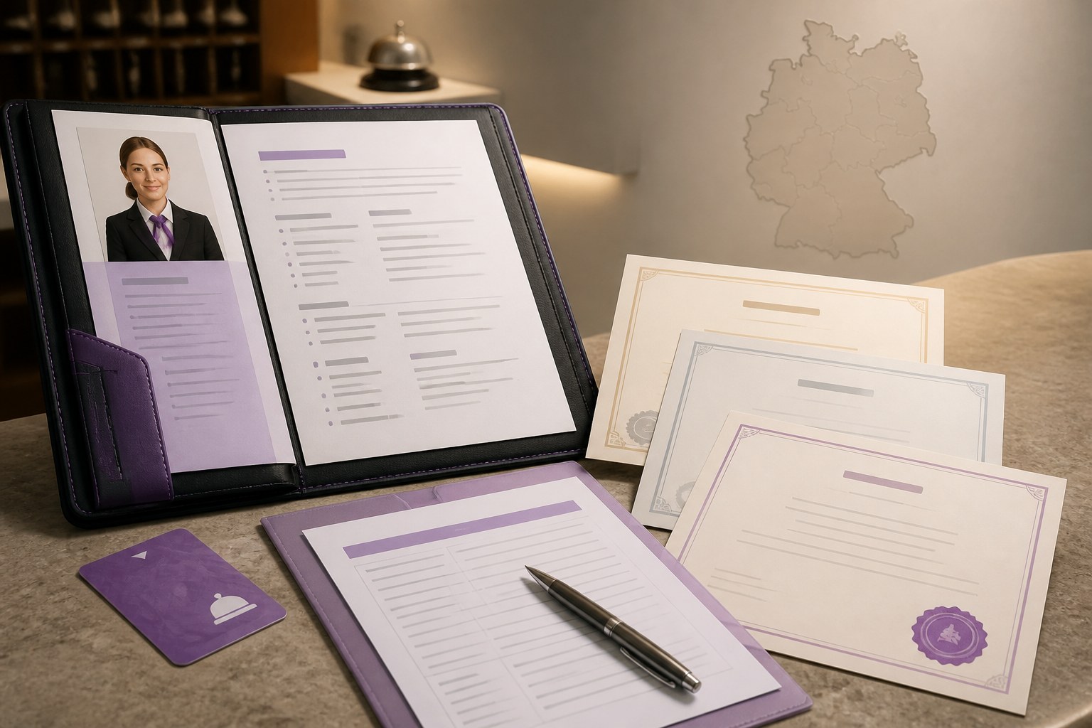 Prepared hotel receptionist application portfolio with hospitality certificates and a subtle Germany reference