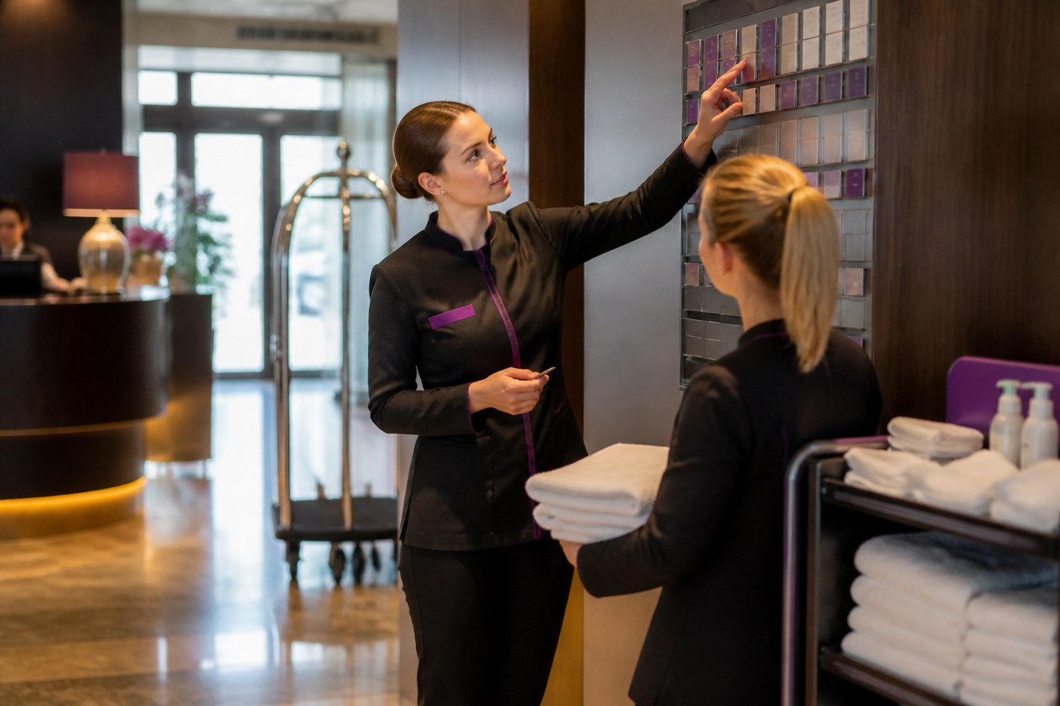 Hotel specialist coordinating daily operations in a guest area