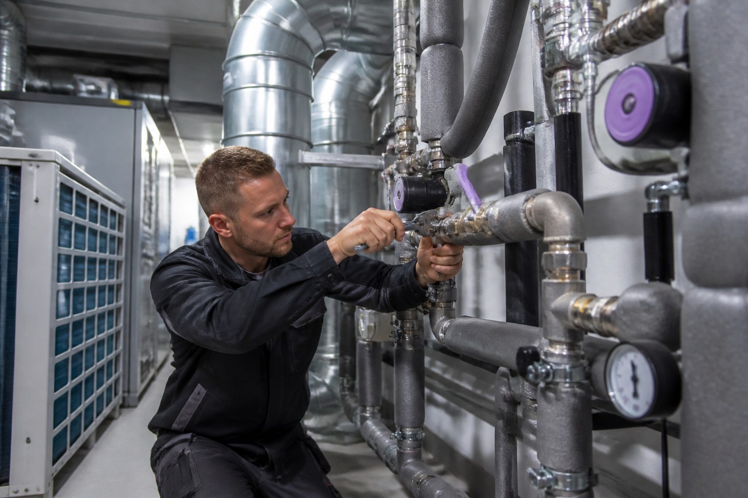 HVAC and sanitary mechanic connecting heating and water pipes beside ventilation ducts in a technical plant room
