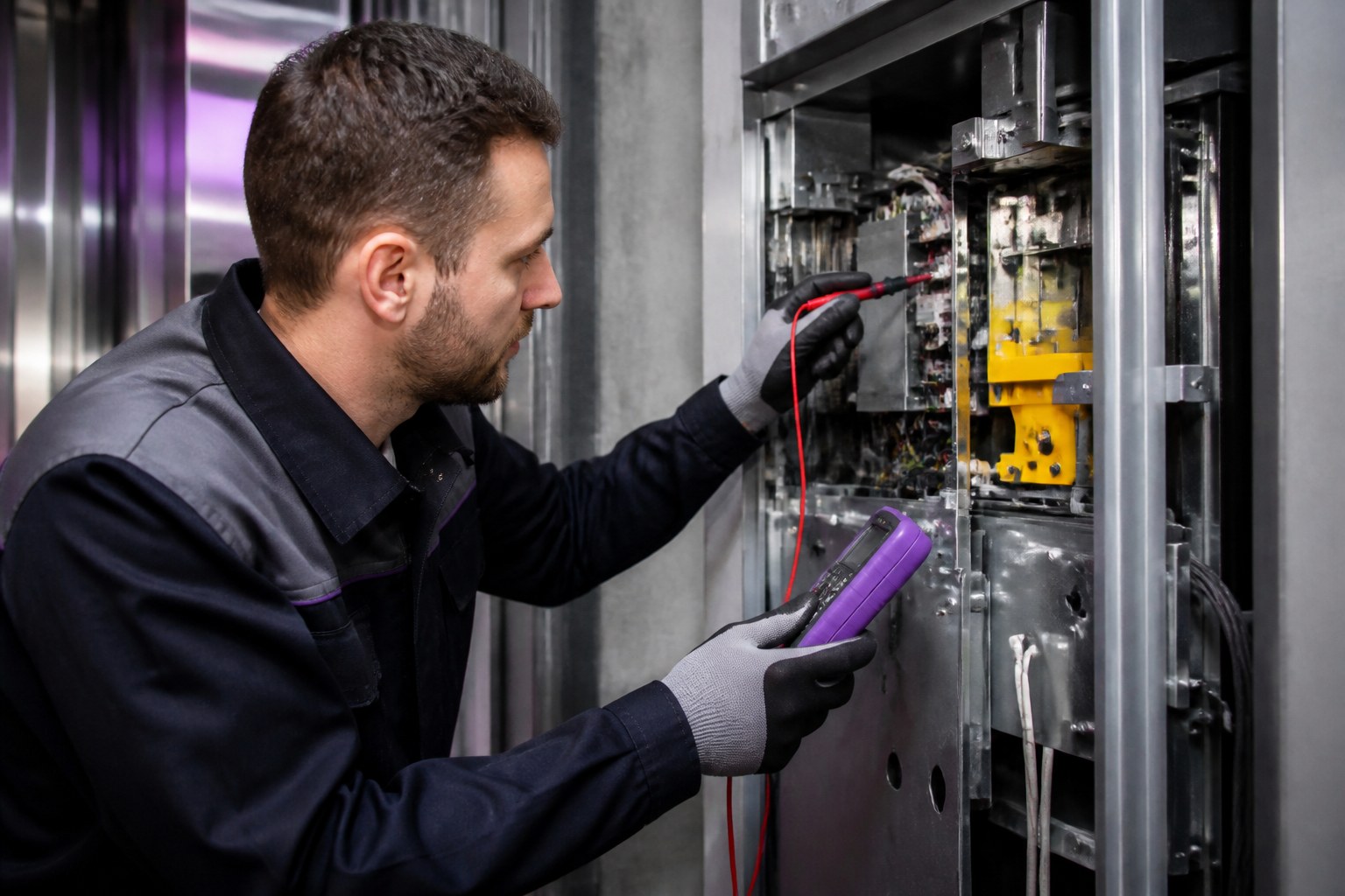Technician examining elevator wiring and mechanical components in a workshop