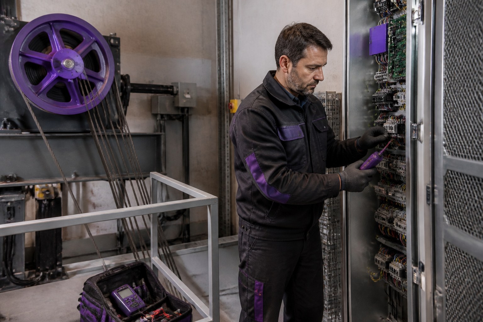 Lift and elevator technician inspecting control equipment in an elevator machinery room