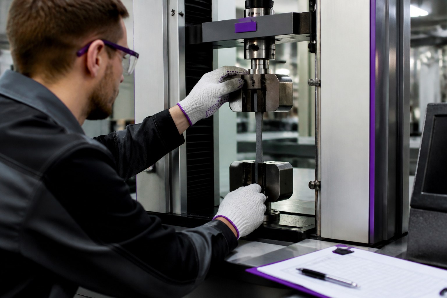 Gloved materials tester positioning a specimen in a mechanical testing machine