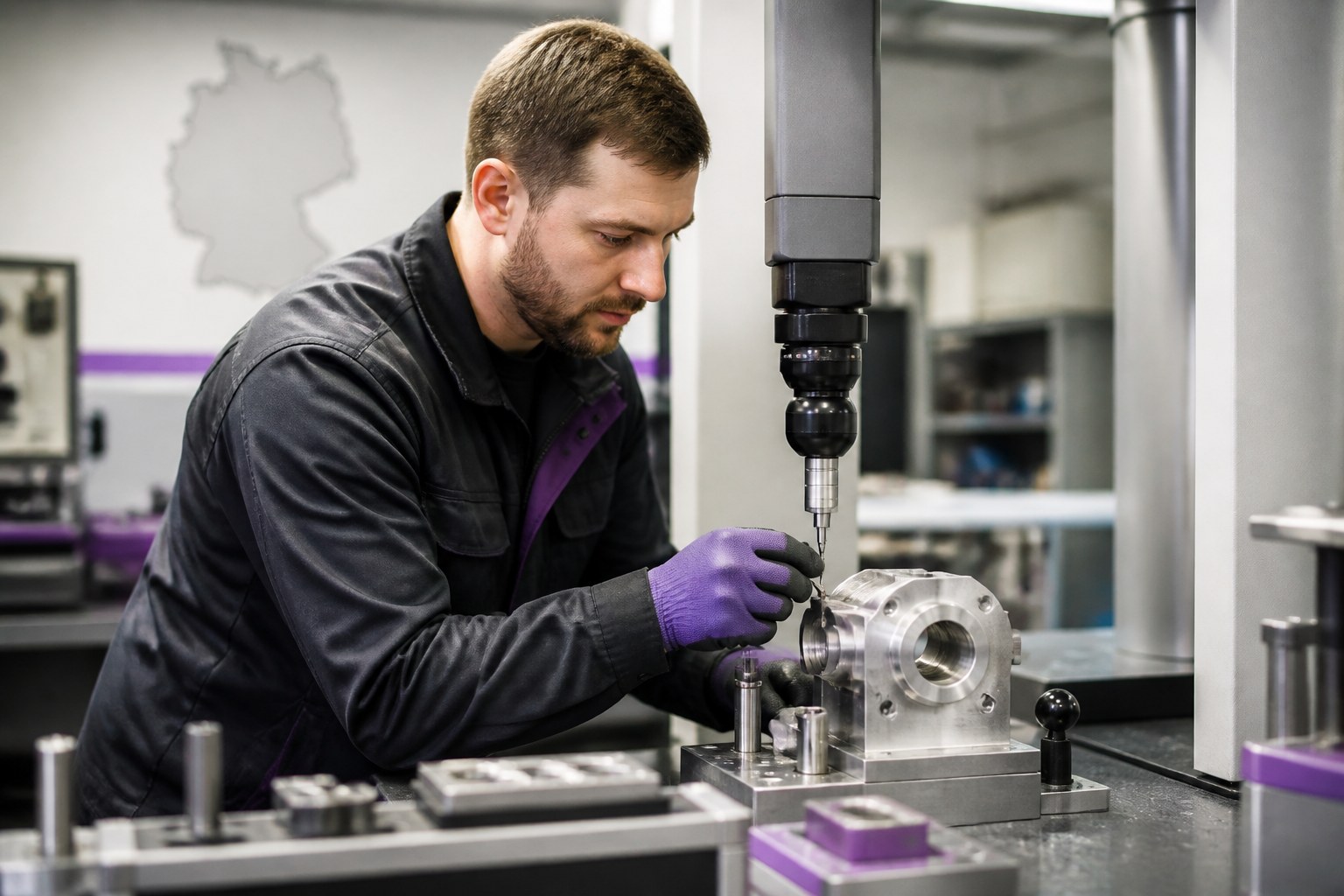 Measurement and testing technician beside inspection equipment in a German industrial environment