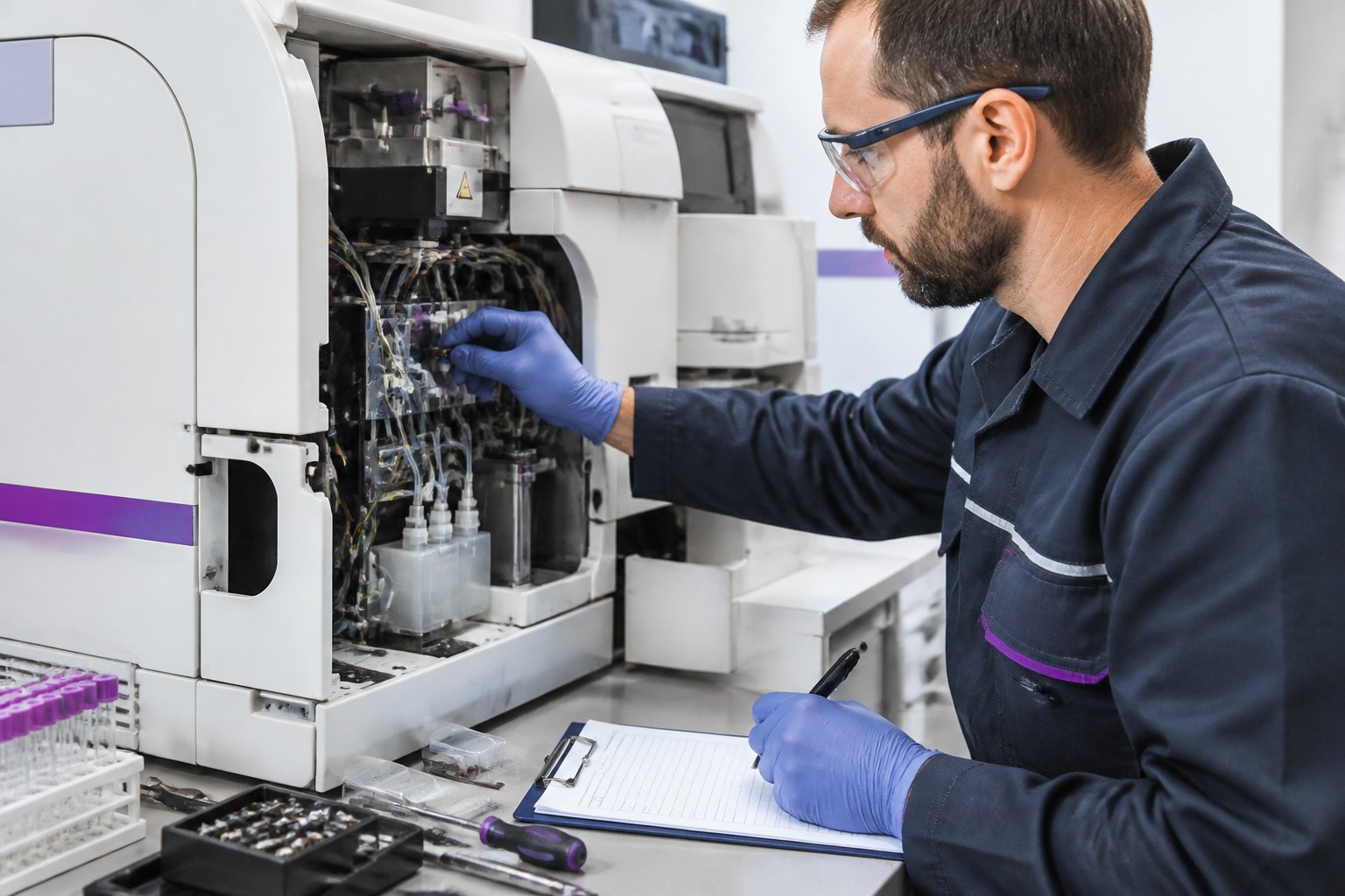 Technician performing preventive maintenance on a clinical laboratory analyser