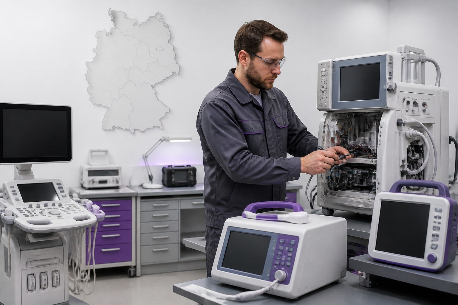 Medical equipment technician beside different types of medical technology in Germany