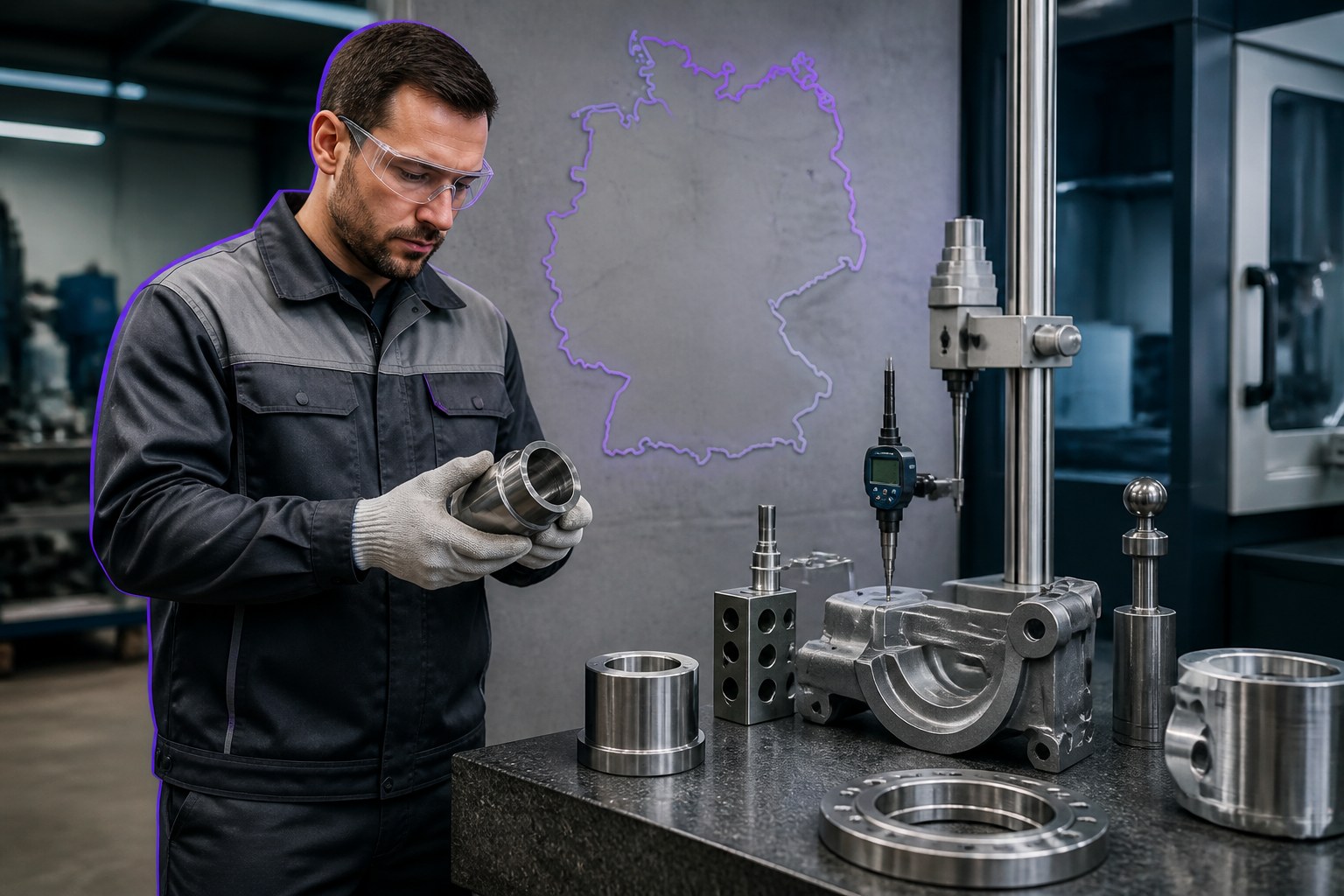 Qualified metal quality inspector beside an inspection station with Germany in the background