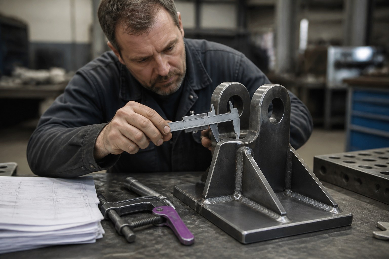 Metalworker checking a finished metal component with a measuring tool beside technical drawings