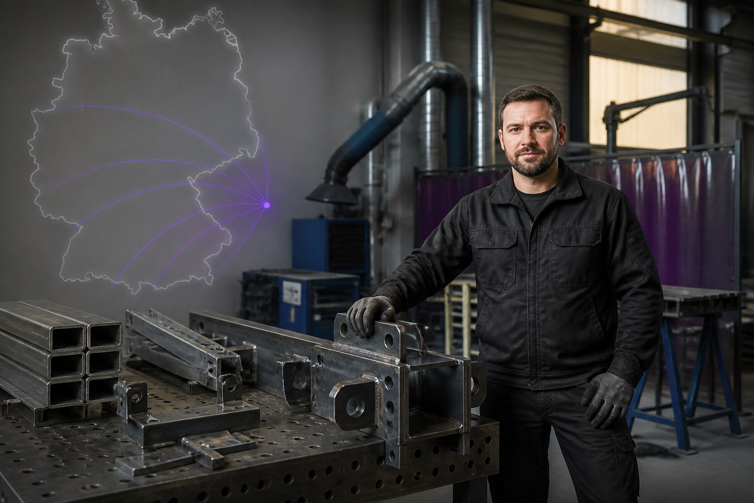 Metalworking professional beside completed steel components with a subtle outline of Germany in the background