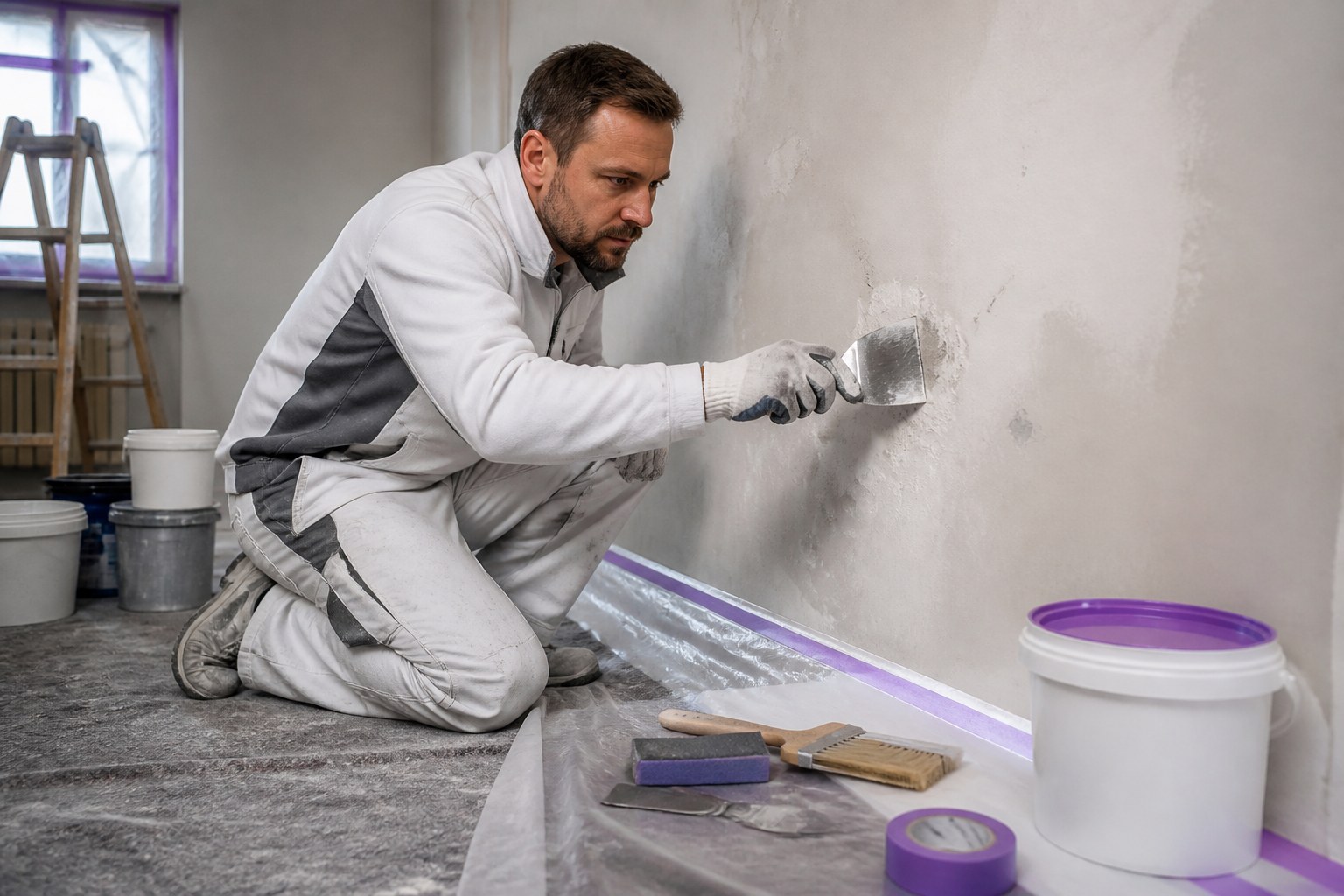 Painter checking wall condition and preparing a surface with hand tools before painting