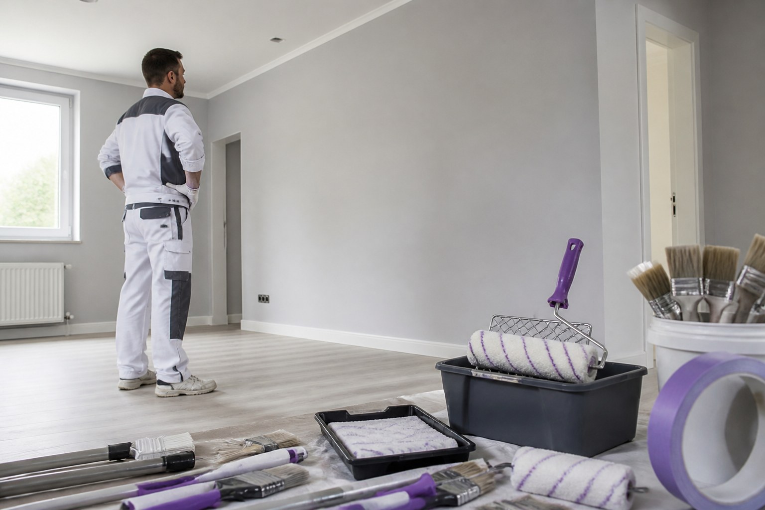 Painter reviewing a completed interior with organised equipment in a German workplace