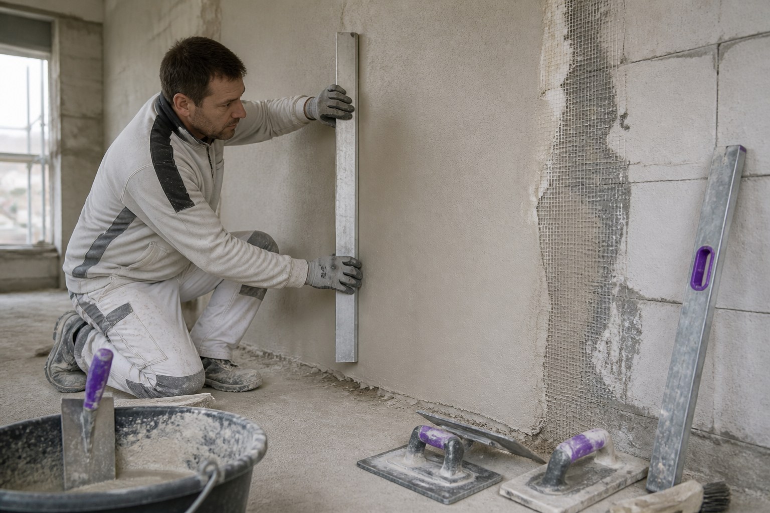 Plasterer checking the evenness of a finished surface beside plastering tools and materials