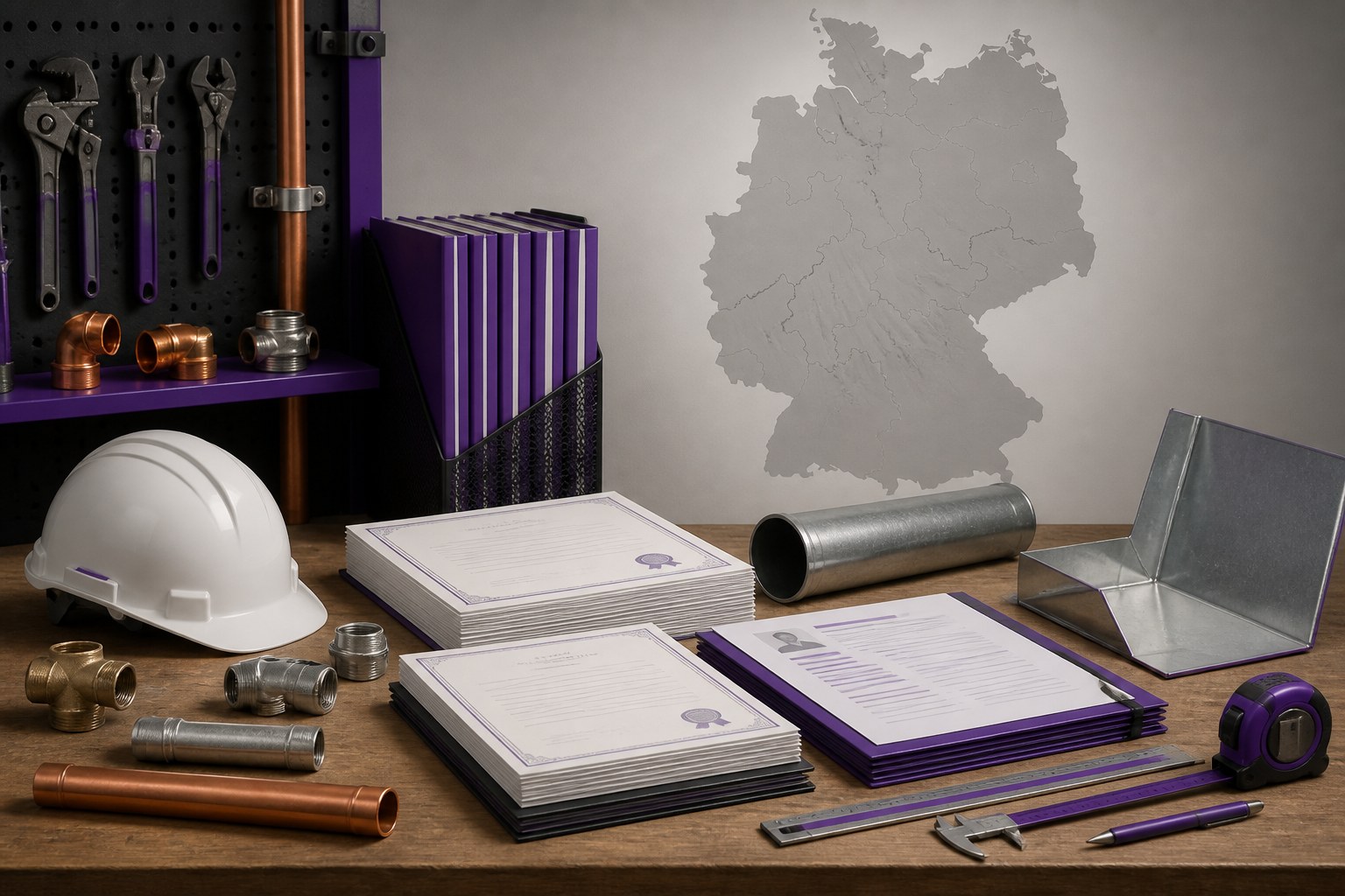 Organised trade qualification portfolio beside tools and materials with an accurate outline of Germany in the background