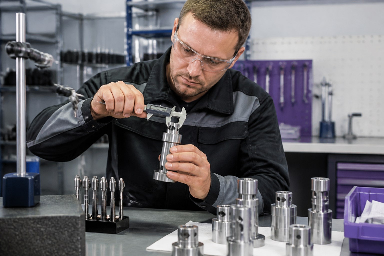 Production worker checking a manufactured component with measuring equipment
