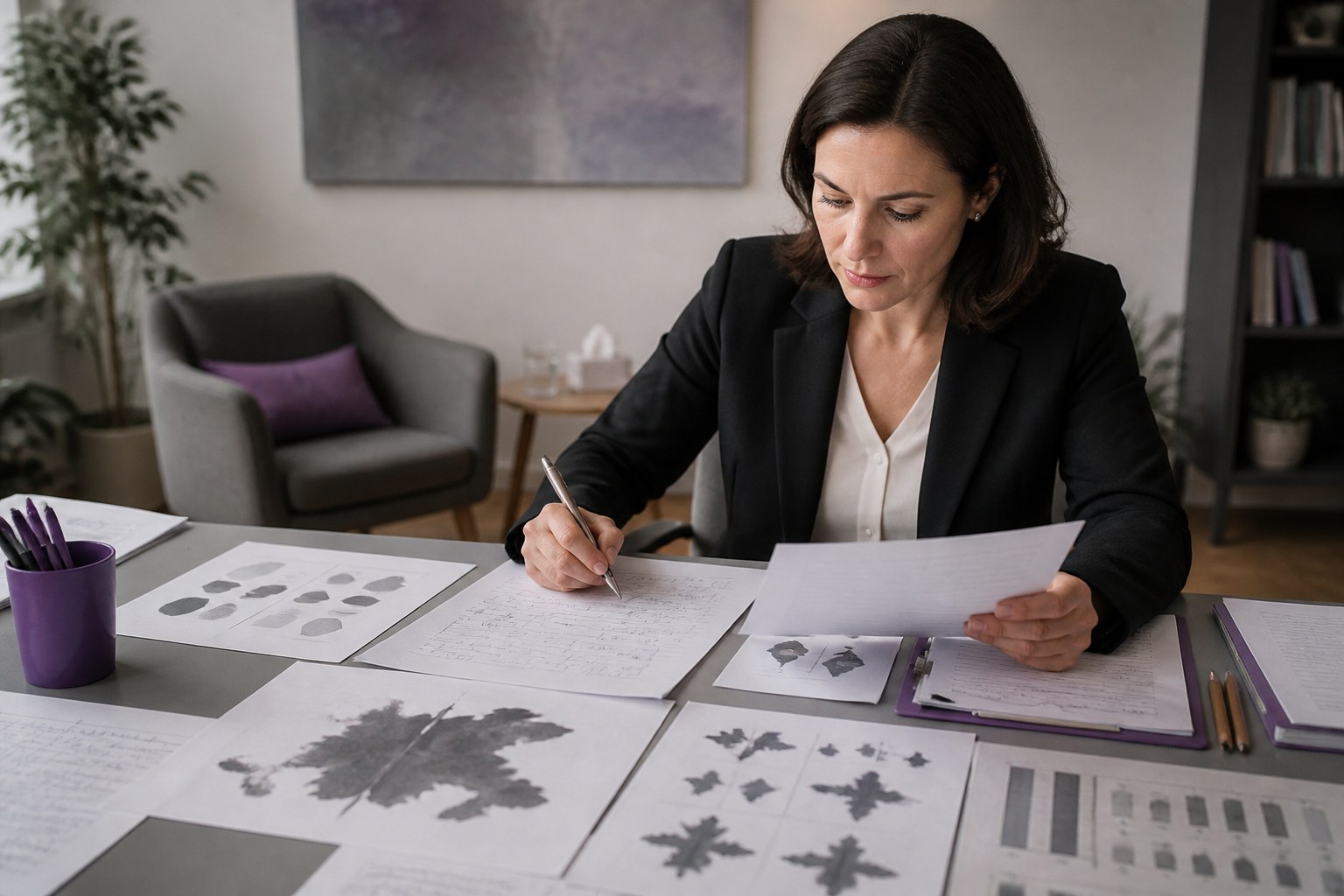 Psychology professional reviewing anonymised assessment materials