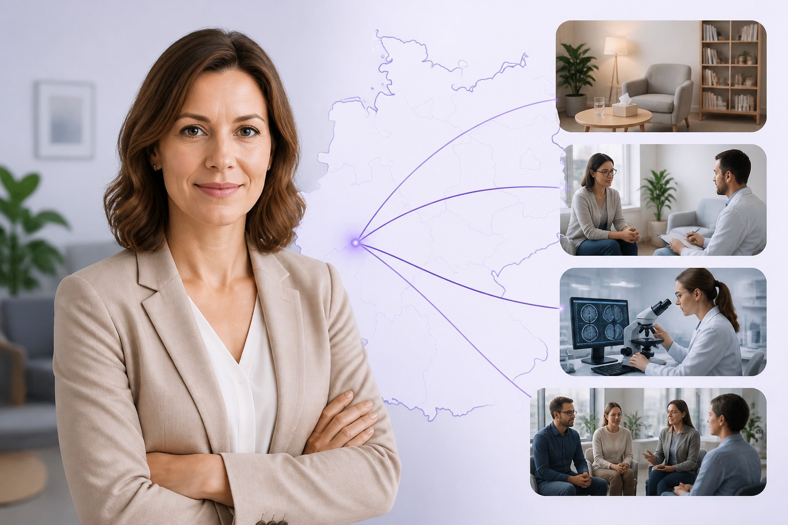 Editorial illustration connecting a psychologist profile with work settings across Germany