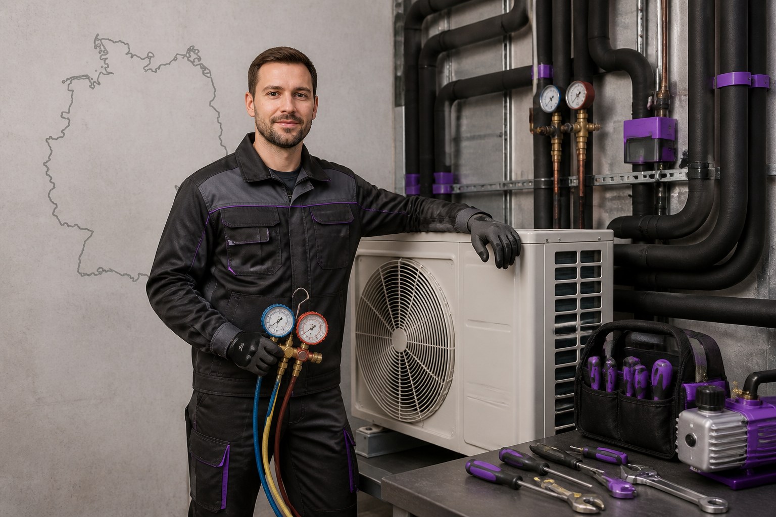 Qualified refrigeration and air conditioning technician beside service equipment with a subtle Germany outline