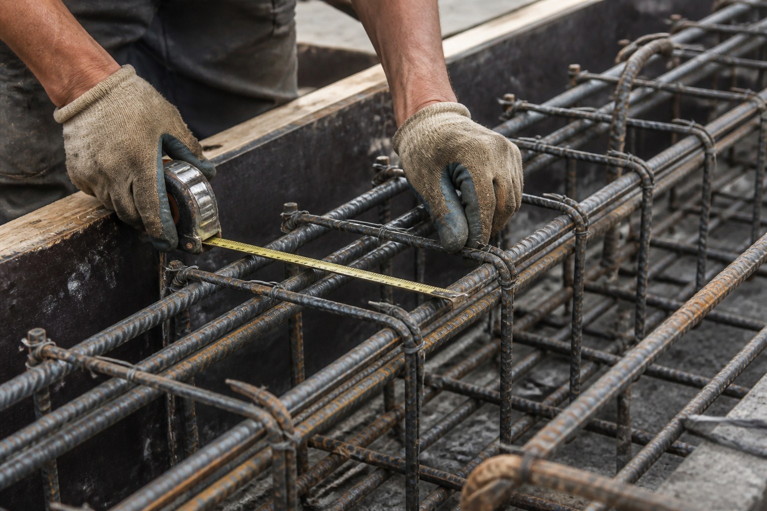Gloved construction worker measuring and securing reinforcement bars before concrete placement