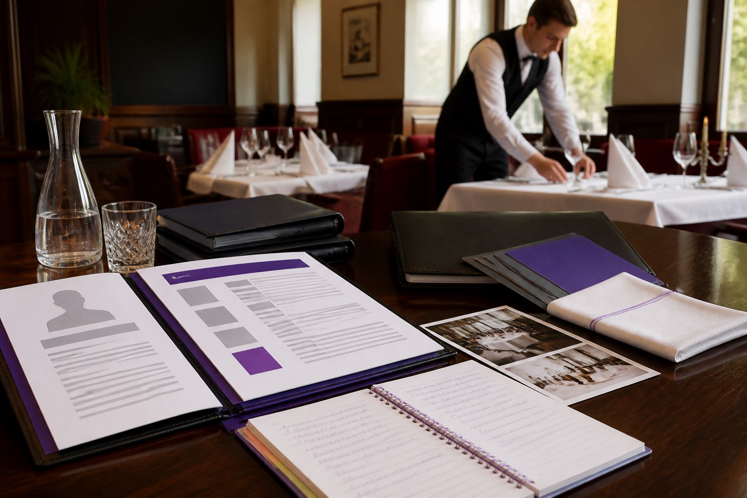 Organized restaurant service candidate portfolio with CV, certificates and language notes