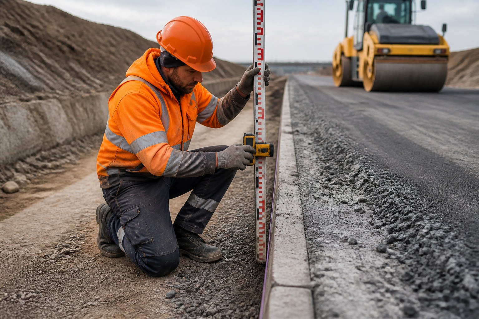 Road builder performing a precise measuring task at the edge of a construction site