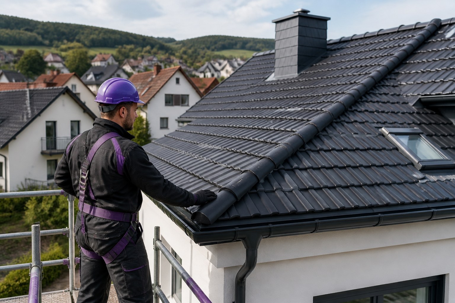 Roofer inspecting a completed residential roof in Germany